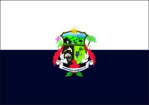Bandera oficial de la parroquia de Nanegalito, blanca y azul marino con el escudo al centro