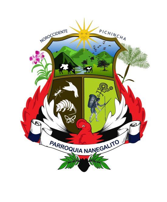 Escudo oficial de la parroquia de Nanegalito, con montañas, río, sol, orquídea, hummingbird y figura Yumbo